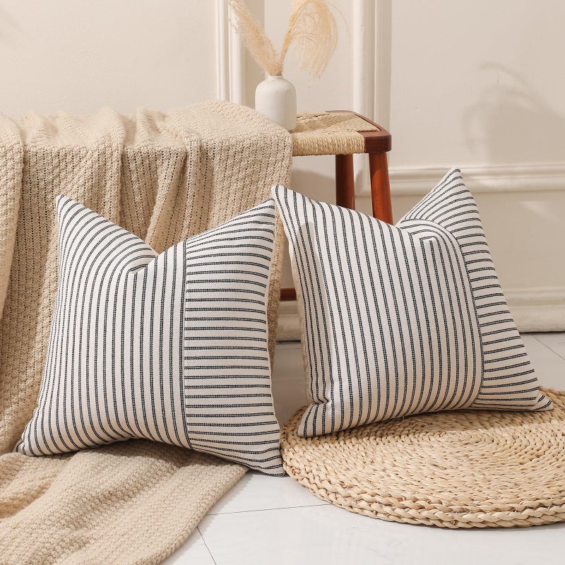 Hckot Black and Beige Patchwork Farmhouse Throw Pillow Covers 22 x 22 Inch  Pack of 2 Striped Linen Decorative Pillow Case for Sofa Couch Chair Bedroom Modern Decor (22"" x 22""  Black) - Image 2